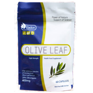 Eladon Olive Leaf High Strength Health Food Supplement. High potency capsules of standardised Olive Leaf Extract. 20% Oleuropein. 60 capsules. 400mg.